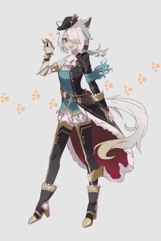 Rule 34 | 1girl, absurdres, animal ears, ascot, blue eyes, boots, breasts, cat ears, cat girl, claw (weapon), coat, full body, george man, grey background, hair over one eye, hat, high heel boots, high heels, highres, long hair, looking at viewer, mini hat, open mouth, paw print, paw print background, ponytail, simple background, small breasts, smile, solo, tail, thighhighs, weapon, white ascot, white cat (ys), white hair, ys, ys ix: monstrum nox