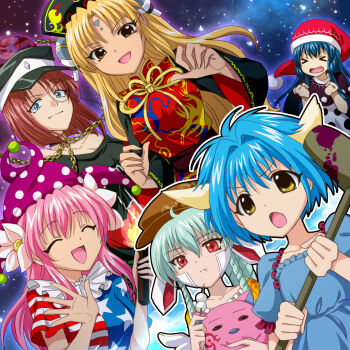 6+girls :o :t absurdres american_flag_dress animal_ears aqua_hair bare_shoulders black_collar black_dress black_headwear black_shirt blonde_hair blue_dress blue_eyes blue_hair brown_eyes brown_headwear rabbit_ears chain clenched_hands clownpiece clownpiece_(cosplay) collar cosplay dango doremy_sweet doremy_sweet_(cosplay) dress eating closed_eyes fire food forte_stollen galaxy_angel hair_between_eyes hat hecatia_lapislazuli hecatia_lapislazuli_(cosplay) highres holding horns jester_cap junko_(touhou) junko_(touhou)_(cosplay) karasuma_chitose kemonomimi_mode legacy_of_lunatic_kingdom long_hair long_sleeves mallet milfeulle_sakuraba mint_blancmanche monocle multiple_girls neck_ruff nightcap normad off-shoulder_shirt off_shoulder open_mouth pink_hair polka_dot puffy_short_sleeves puffy_sleeves purple_headwear ranpha_franboise red_eyes red_hair red_headwear ringo_(touhou) ringo_(touhou)_(cosplay) seiran_(touhou) seiran_(touhou)_(cosplay) shirt short_hair short_sleeves sky smile soraeda star_(sky) star_(symbol) star_print starry_sky striped t-shirt tabard torch touhou vanilla_h wagashi waving wide_sleeves wings yellow_eyes