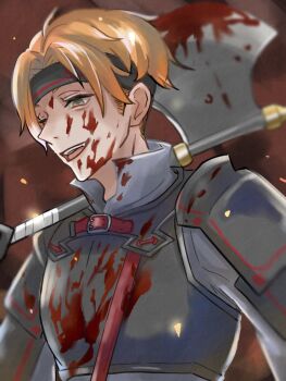 1boy armor axe battle_axe black_armor blood blood_on_armor blood_on_face bloody_weapon green_eyes grey_shirt headband layered_sleeves light_smile orange_hair re:zero_kara_hajimeru_isekai_seikatsu shirt short_hair solo todd_fang weapon yuruyuruu125