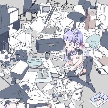 1girl animal_ear_hairband animal_ears apple_inc. apron arm_support ball bandaid bandaid_on_pussy bandaids_on_nipples black_skirt black_sleeves black_thighhighs blunt_bangs bow bowtie can cat_ear_hairband cat_ears chair comic_lo computer controller dakimakura_(object) drink_can energy_drink fake_animal_ears flat_chest game_console game_controller hairband holding holding_controller holding_game_controller indoors knee_up lokulo-chan_(lokulo_no_mawashimono) lokulo_no_mawashimono loli long_hair low_twintails lowres macintosh magazine_(object) messy_room no_shoes office_chair on_floor open_mouth original paper parody pasties photo-referenced pillow playing_games puffy_short_sleeves puffy_sleeves purple_bow purple_bowtie purple_hair reclining short_sleeves shrug_(clothing) skirt smile soccer_ball solo super_famicom super_famicom_gamepad swivel_chair thighhighs tissue_box topless_female twintails videocassette waist_apron wide_shot