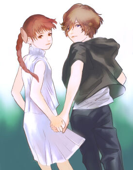 1boy 1girl black_hoodie braid braided_ponytail brown_hair commentary_request denzel_(ff7) feet_out_of_frame final_fantasy final_fantasy_vii final_fantasy_vii:_advent_children from_behind highres holding_hands hood hood_down hoodie long_hair looking_at_viewer marlene_wallace pants short_hair skirt sleeveless sleeveless_turtleneck sweater tori_(labyrinth_fft) turtleneck turtleneck_sweater white_skirt white_sweater