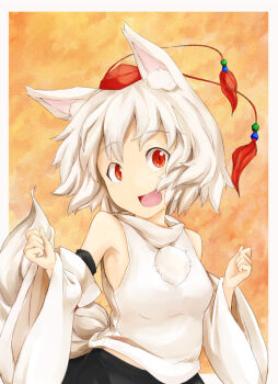 Rule 34 | 1girl, animal ears, bare shoulders, detached sleeves, female focus, hat, inubashiri momiji, kokutei n, looking at viewer, midriff, open mouth, pom pom (clothes), red eyes, short hair, silver hair, solo, tail, tokin hat, touhou, wolf ears, wolf tail