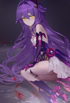 1girl absurdres baiser3rd black_background boots breasts dress elbow_gloves gloves hair_between_eyes hair_ornament high_heel_boots high_heels highres honkai_(series) honkai_impact_3rd long_hair lying magical_girl on_side purple_boots purple_dress purple_gloves purple_hair sirin sirin_(miracle_magical_girl) small_breasts solo thighs very_long_hair yellow_eyes