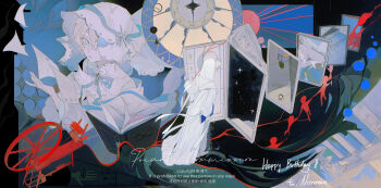 1boy absurdres bishounen blonde_hair blue_eyes blue_ribbon book cape commission door hai_yexing_ren happy_birthday highres holding holding_book long_sleeves looking_at_viewer male_focus mihuashi_commission multiple_views one_eye_covered open_book open_door original paper parted_lips ribbon short_hair sun veil watermark white_cape white_veil