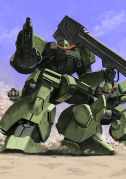 after_war_gundam_x blue_sky desert dual_wielding gun gundam highres holding holding_gun holding_rocket_launcher holding_weapon jenice mecha mecha_focus no_humans outdoors rifle robot rocket_launcher science_fiction sky tyokugekidato weapon