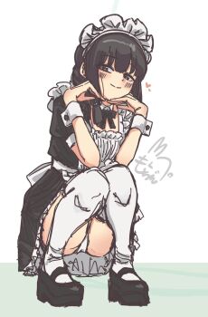 1girl alternate_costume apron black_dress black_hair blush braid brown_eyes dress enmaided flat_chest frills highres kantai_collection kitakami_(kancolle) long_hair looking_at_viewer maid maid_apron maid_headdress motizou panties pantyshot short_sleeves single_braid smile solo squatting thighhighs underwear white_apron white_panties white_thighhighs