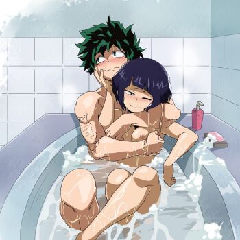 1boy 1girl bath bathing bathroom bathtub black_eyes black_hair blush boku_no_hero_academia breasts completely_nude freckles green_eyes green_hair hand_on_another&#039;s_face hetero horikoshi_kouhei_(style) hug hug_from_behind jiro_kyoka krumbs_(dailykrumbs) long_earlobes medium_breasts medium_hair midoriya_izuku muscular muscular_male nipples nude one_eye_closed partially_submerged purple_hair scar scar_on_arm smile soap soap_bubbles soap_dispenser water wet