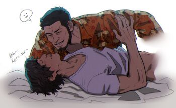 2boys absurdres beard black_hair chinstrap_beard clothes_lift commentary eyebrow_cut facial_hair floral_print grin highres implied_handjob implied_yaoi judge_eyes kaito_masaharu male_focus mole mole_under_mouth multiple_boys muscular muscular_male no_jacket on_bed orange_shirt scar scar_on_face shirt shirt_lift short_hair smile symbol-only_commentary t-shirt teppn_(gattobamboom) white_shirt yagami_takayuki