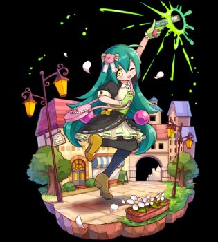 1girl :d ahoge aqua_hair arm_up barbiena_(merc_storia) black_background black_pantyhose blush building collared_dress dress firing flats flower flower_bed from_side full_body gloves green_gloves gun hair_between_eyes hair_flower hair_ornament highres holding holding_gun holding_weapon long_hair looking_at_viewer low-tied_long_hair low_twintails merc_storia merc_storia_art_team official_art one_eye_closed open_mouth outstretched_arm pantyhose pink_bag puffy_short_sleeves puffy_sleeves raised_inner_eyebrows shoes short_sleeves simple_background smile solo standing standing_on_one_leg tachi-e town tree twintails very_long_hair weapon white_flower yellow_eyes yellow_shoes