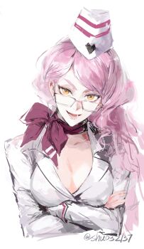 1girl absurdres breasts cleavage crossed_arms dongfang_shuo earrings fate/grand_order fate_(series) glasses hat highres jewelry koyanskaya_(fate) koyanskaya_(foreigner)_(first_ascension)_(fate) long_hair pink_hair scarf single_earring twitter_username white_background yellow_eyes