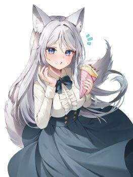 1girl absurdres animal_ear_fluff animal_ears blue_bow blue_bowtie blue_eyes blue_eyeshadow blue_skirt blush bow bowtie center_frills collared_shirt commission crepe dress eyeshadow feet_out_of_frame food food_on_face frills grey_hair grey_tail hair_intakes high-waist_skirt highres holding holding_crepe holding_food ice_cream ice_cream_on_face long_hair long_skirt long_sleeves makeup notice_lines open_mouth original pixiv_commission runlan_0329 shirt skirt slit_pupils solo standing tail transparent_background variant_set very_long_hair white_shirt wolf_ears wolf_girl wolf_tail