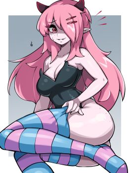 1girl adjusting_clothes adjusting_legwear ass_freckles black_leotard blue_thighhighs body_freckles border borrowed_character breasts commentary demon_girl demon_horns english_commentary freckles grey_background hair_ornament hair_over_one_eye hairclip highres horns june_(megrocks) large_breasts leotard long_hair looking_at_viewer one_eye_covered oninuer original outside_border parallel_hairclips parted_bangs parted_lips pink_hair pink_thighhighs pointy_ears red_eyes shaded_face shoulder_freckles small_sweatdrop solo strapless strapless_leotard striped_clothes striped_thighhighs thighhighs two-tone_thighhighs white_border