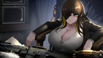 Rule 34 | 1girl, antique phone, assault rifle, black jacket, breasts, cleavage, cocaine, crt, drugs, eyepatch, formal clothes, gdat, girls' frontline, grenade launcher, gun, huge breasts, jacket, long hair, m16, m16a1, m16a1 (girls' frontline), m16a1 (special agent gets no day off) (girls' frontline), m203, multicolored hair, rifle, scar, scarface, shirt, solo, streaked hair, suit, television, underbarrel grenade launcher, weapon, white shirt