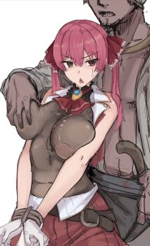 1boy 1girl beard breasts facial_hair grabbing_another's_breast groping highres hololive houshou_marine large_breasts pirate red_hair ribbon shirabe_shiki virtual_youtuber white_background