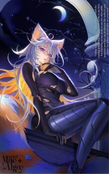 1girl ahoge demenishki facial_mark highres indie_virtual_youtuber leg_armor long_hair mae_algae moon night orange_hair purple_eyes red_panda_ears red_panda_girl red_panda_tail see-through_cleavage see-through_clothes tail torn_clothes tree virtual_youtuber white_hair