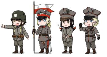 Rule 34 | 4girls, anyan (jooho), belt, blonde hair, blue eyes, boots, brown eyes, brown hair, chevron (symbol), combat helmet, flag, hat, helmet, highres, holding, insignia, jacket, military, military dress uniform, military hat, military jacket, military uniform, multiple girls, original, poland, polish flag, ponytail, simple background, white background