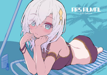 1girl :| ars_almal ass bare_shoulders barefoot beach beach_chair beach_umbrella bikini black_bikini blue_eyes blush breasts chair character_name closed_mouth hair_between_eyes hair_ornament head_rest highres large_breasts looking_at_viewer lotion lounge_chair lying nijisanji on_stomach outdoors palm_tree reclining simple_background solo sunscreen swimsuit tatami_kami tree turtleneck turtleneck_bikini_top umbrella virtual_youtuber white_hair