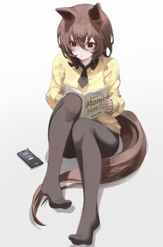 1girl absurdres agnes_tachyon_(tach-nology)_(umamusume) agnes_tachyon_(umamusume) animal_ears black_pantyhose blush book brown_hair cellphone closed_mouth commentary dio_dio english_commentary hair_between_eyes highres holding holding_book horse_ears horse_girl horse_tail long_sleeves medium_hair necktie pantyhose phone reading red_eyes shirt short_necktie smartphone solo sweater sweater_vest tail umamusume wolf_cut yellow_sweater yellow_sweater_vest