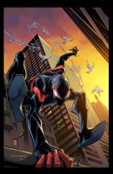 Rule 34 | 1boy, black border, bodysuit, border, building, cloud, cloudy sky, commentary, english commentary, gloves, highres, kharyrandolph, male focus, marvel, mask, outdoors, scenery, sky, skyscraper, solo, spider-man, spider-man (series), sunset, superhero costume, western comics (style)