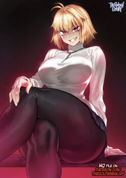 1girl antenna_hair arcueid_brunestud black_pantyhose black_skirt blonde_hair breasts commentary crossed_legs english_commentary evil_smile fangs jewelry large_breasts long_sleeves looking_at_viewer medium_hair miniskirt necklace paid_reward_available pantyhose red_eyes simple_background sitting skirt smile solo sweater teeth the_golden_smurf thick_thighs thighs tsukihime turtleneck turtleneck_sweater white_sweater