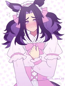 Rule 34 | 1girl, animal ears, black hair, blush, bow, closed mouth, corset, dress, fenomeno (umamusume), flipped hair, hair bow, headdress, highres, horse ears, horse girl, horse tail, lolita fashion, long hair, long sleeves, looking at viewer, multicolored hair, pink bow, pink corset, pink dress, pink headdress, purple eyes, purple hair, solo, sweatdrop, tail, umamusume, upper body, w3n6e, white headdress