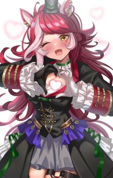 1girl ame_sagari animal_ears asymmetrical_gloves black_coat black_gloves blush breasts cleavage coat commentary_request facial_mark gloves hair_between_eyes hair_ornament hat heart heart_facial_mark heart_hands heart_on_cheek highres horse_ears horse_girl horse_tail large_breasts long_hair long_sleeves looking_at_viewer loves_only_you_(9927_wishes)_(umamusume) loves_only_you_(umamusume) mismatched_gloves mole mole_on_neck multicolored_hair one_eye_closed open_mouth red_hair shirt skirt smile solo tail thigh_strap umamusume white_gloves yellow_eyes