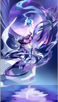 1girl arm_up bare_legs bare_shoulders black_hair chinese_commentary columbina_(genshin_impact) commentary_request dress genshin_impact hand_up head_wings highres long_hair purple_eyes purple_hair sheya short_sleeves solo unfinished very_long_hair white_dress wings