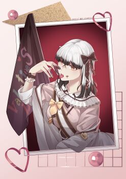 Rule 34 | 1girl, absurdres, bead bracelet, beads, black bow, blunt bangs, bow, bracelet, breasts, brown bow, chocolate, chocolate on face, chocolate on hand, collarbone, colored tips, commentary request, dated, flag, food, food on face, food on hand, frills, hair bow, highres, jacket, jewelry, jouhou, long sleeves, looking at viewer, medium breasts, multicolored hair, off shoulder, orange eyes, picture frame, pink shirt, satsuki yomi, shirt, solo, toji no miko, tongue, tongue out, twitter username, upper body, valentine, white hair, white jacket