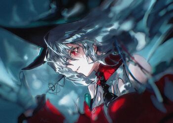 Rule 34 | 1girl, absurdres, angelfish, aqua gloves, aqua hat, arknights, ascot, bare shoulders, black ascot, blurry edges, breasts, commentary request, detached sleeves, dress, film grain, fish, floating hair, gloves, grey hair, hair between eyes, hair ribbon, hat, highres, long hair, long sleeves, medium breasts, off-shoulder dress, off shoulder, official alternate costume, parted lips, profile, red dress, red eyes, red sleeves, ribbon, skadi (arknights), skadi the corrupting heart (arknights), solo, sudadachi, tropical fish, upper body, very long hair