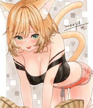 1girl all_fours animal_ear_fluff animal_ears artist_name black_shirt blonde_hair blush breasts cat_ears cat_girl cat_tail cleavage closed_mouth crop_top cropped_shirt green_eyes hashtag-only_commentary large_breasts looking_at_viewer marker_(medium) medium_hair meeya micro_shorts midriff navel off-shoulder_shirt off_shoulder orange_shorts original parted_bangs shirt shorts solo tail tongue tongue_out traditional_media