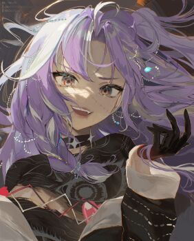 1girl absurdres black_choker black_gloves black_shirt choker dayshiart eye_print floating_hair gloves grey_eyes highres long_hair michi_mochievee michi_mochievee_(1st_costume) multicolored_hair open_mouth purple_hair shirt smile solo stitched_face stitches streaked_hair teeth upper_teeth_only virtual_youtuber vshojo white_hair