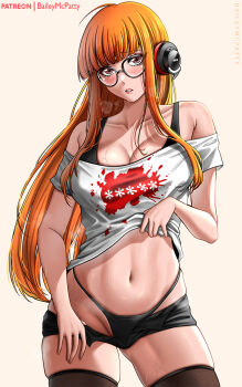 1girl ahoge alternate_breast_size_(larger) artist_name baileymcpatty behind-the-head_headphones black_panties black_thighhighs breasts breath brown_eyes cleavage clothes_lift clothes_pull collarbone cowboy_shot headphones highres large_breasts lifting_own_clothes micro_shorts navel orange_hair panties parted_lips persona persona_5 pulling_own_clothes sakura_futaba shirt_lift shorts shorts_pull simple_background solo stomach sweat thighhighs thighs underwear