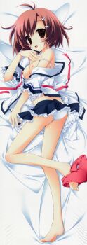 1girl absurdres antenna_hair ass bare_shoulders barefoot black_skirt breasts buruma clothes_pull dakimakura_(medium) hair_ornament hairclip hand_on_own_chest hattori_aya highres koiiro_soramoyou lucie lying nipples on_side open_clothes open_shirt panties pink_buruma pink_hair pink_ribbon red_eyes ribbon school_uniform shirt skirt solo underwear white_shirt