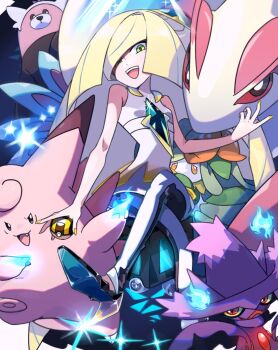 bare_shoulders bewear blonde_hair clefable dress gen_1_pokemon gen_3_pokemon gen_4_pokemon gen_5_pokemon gen_7_pokemon green_eyes hair_over_one_eye high_heels holding holding_poke_ball lilligant long_hair looking_at_viewer lusamine_(pokemon) milotic mismagius mur_mu_mu nail_polish nintendo open_mouth poke_ball pokemon pokemon_(creature) pokemon_sm teeth ultra_ball upper_teeth_only very_long_hair white_dress yellow_nails