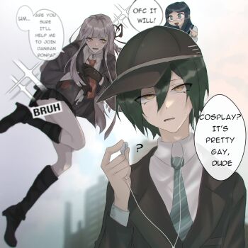 1boy 1girl ? black_gloves black_hat black_jacket blue_hair blush boots chibi collared_jacket collared_shirt commentary cosplay crossdressing crossdressing_(mtf) danganronpa:_trigger_happy_havoc danganronpa_(series) danganronpa_v3:_killing_harmony diagonal-striped_clothes diagonal-striped_necktie earbuds earphones embarrassed english_commentary english_text glasses gloves hair_between_eyes half-closed_eyes hat high_heel_boots high_heels highres homophobia jacket kirigiri_kyoko kirigiri_kyoko_(cosplay) knee_boots long_hair long_sleeves looking_at_viewer muted_color necktie nervous_smile open_mouth pleated_skirt purple_hair red_necktie removing_earbuds ribbon ringed_eyes saihara_shuichi samedosama666 school_uniform shirogane_tsumugi shirt short_hair skirt smile sparkle speech_bubble striped_clothes sweatdrop trap white_shirt wig yellow_eyes