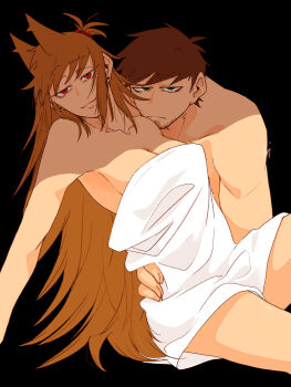 Rule 34 | 1boy, 1girl, animification, antenna hair, arm support, beard stubble, black background, breasts, brown hair, cleavage, commentary request, edd (eddsworld), eddsworld, facial hair, future edd (eddsworld), green eyes, hair bobbles, hair ears, hair ornament, hand on another's waist, hetero, highres, jitome, large breasts, long hair, looking at viewer, mature male, naked towel, nude, red eyes, roukon24, short hair, simple background, sitting, smile, stubble, tori (eddsworld), towel, very long hair