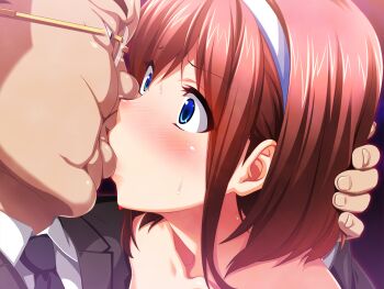 1boy 1girl age_difference asaoka_genzo big_nose black_background black_jacket black_necktie blue_eyes blush brown_hair clothed_male_nude_female collarbone collared_shirt embarrassed eye_contact fat fat_man forced_kiss from_side game_cg glasses hair_between_eyes hairband hand_in_another&#039;s_hair hetero highres hinomoto_koharu jacket kedamono-tachi_no_sumu_ie_de kiss lapels looking_at_another medium_hair necktie nude old old_man older_male_and_younger_female pin-point portrait raised_eyebrows shirt sidelocks simple_background suit_jacket surprised takeda_hiromitsu thick_lips ugly_bastard white_hairband white_shirt wide-eyed wrinkled_skin