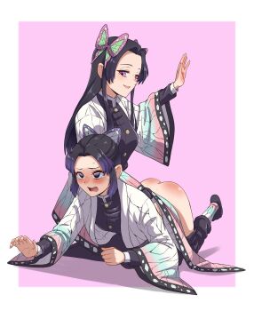 2girls ass black_hair butterfly_hair_ornament commentary_request demon_slayer_uniform femdom hair_ornament hand_blush hand_up haori highres humiliation incest japanese_clothes kimetsu_no_yaiba kochou_kanae kochou_shinobu long_hair multiple_girls open_mouth over_the_knee pink_eyes pink_nails pinkiri siblings sisters spanked spanking teeth upper_teeth_only