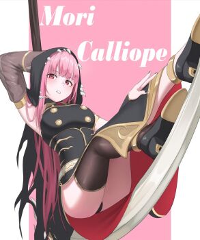 1girl black_cape black_dress black_tiara breasts cape character_name cleavage detached_sleeves dress hazeillusts holding holding_scythe hololive hololive_english jewelry large_breasts long_hair looking_at_viewer mori_calliope mori_calliope_(1st_costume) pink_eyes pink_hair red_eyes scythe shoulder_spikes single_detached_sleeve smile solo spiked_cape spikes tiara veil virtual_youtuber