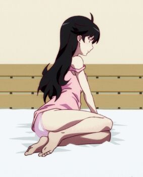 1girl ahoge animated animated_gif araragi_karen bare_legs bare_shoulders barefoot bed bed_sheet black_eyes black_hair blush breasts camisole cropped dot_nose feet female_focus from_side indoors legs long_hair looking_at_viewer looking_back monogatari_(series) no_bra open_mouth panties pink_camisole sexually_suggestive sitting sleeveless small_breasts solo solo_focus strap_slip thighs toes underwear white_panties