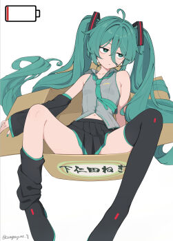 1girl aqua_eyes aqua_hair aqua_necktie bare_shoulders battery_indicator black_sleeves blush box breasts cardboard_box commentary cropped_shirt detached_sleeves english_commentary full_body grey_shirt hatsune_miku headset highres kanpa_(campagne_9) long_hair looking_to_the_side medium_breasts midriff necktie on_box shirt simple_background sleeveless solo spread_legs thighhighs translation_request twintails very_long_hair vocaloid white_background