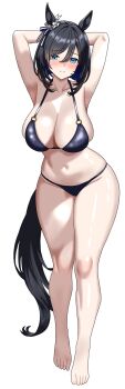 1girl animal_ears armpits arms_behind_head arms_up bare_legs barefoot bikini black_bikini black_hair black_tail blue_eyes blush breasts cleavage closed_mouth commentary_request commission ear_ornament eishin_flash_(umamusume) full_body hair_between_eyes hair_intakes haiwo highres horse_ears horse_girl horse_tail large_breasts looking_at_viewer navel o-ring o-ring_bikini o-ring_top pixiv_commission short_hair simple_background skindentation smile solo standing stomach swimsuit tail thighs toes umamusume white_background