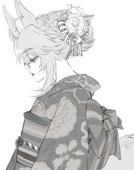 1girl animal_ears braid bun_with_braided_base closed_mouth commentary fate/grand_order fate_(series) floral_print flower fox_ears fox_tail from_side glasses greyscale hair_bun hair_flower hair_ornament japanese_clothes kimono koyanskaya_(fate) lipstick looking_down makeup monochrome neck obi obiage obijime profile sash sidelocks single_hair_bun solo sumi_2222 tail