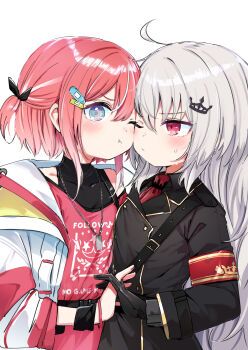 Rule 34 | 2girls, absurdres, ahoge, aisaka siu, armband, bandaid, bandaid hair ornament, black gloves, black jacket, blush, breast press, breasts, buttons, chain, chain necklace, cheek-to-cheek, closed mouth, commentary request, crown hair ornament, double-breasted, gloves, grey hair, hair between eyes, hair ornament, hair ribbon, heads together, highres, holding hands, jacket, jewelry, layered shirt, long hair, long sleeves, looking at another, looking at viewer, military uniform, multicolored eyes, multicolored hair, multiple girls, necklace, necktie, one eye closed, open clothes, open jacket, pout, print shirt, red armband, red eyes, red hair, red necktie, ribbon, ryogoku tsukasa, shirt, short hair, simple background, small breasts, specialite (company), streaked hair, symmetrical docking, upper body, utsusumi kio, very long hair, virtual youtuber, white background, white jacket