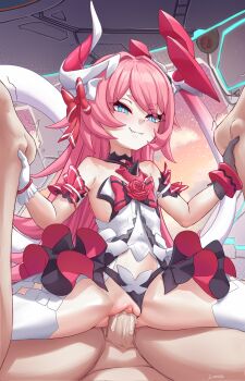 1girl :q absurdres amazon_position ankle_grab arm_scrunchie assertive_female asymmetrical_gloves asymmetrical_horns bare_shoulders blue_eyes clitoris clothing_aside commentary commission dress flower girl_on_top gloves hair_intakes highres holding_legs honkai_(series) honkai_impact_3rd horns loli long_hair luizhtx mechanical_horns mismatched_gloves motion_lines penis pink_hair pussy red_flower red_rose rose rozaliya_olenyeva sex smile solo_focus spread_legs tongue tongue_out uncensored uneven_horns vaginal very_long_hair