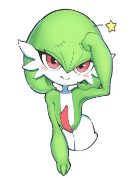 Rule 34 | 1girl, arm up, blush, blush stickers, bob cut, closed mouth, colored skin, cropped torso, female focus, flat chest, gardevoir, gen 3 pokemon, green hair, green skin, hair between eyes, hand on own head, leaning forward, multicolored skin, nintendo, pokemon, pokemon (creature), raised eyebrows, red eyes, sara (sublender1234), short hair, simple background, smile, solo, standing, star (symbol), two-tone skin, upper body, white background, white skin