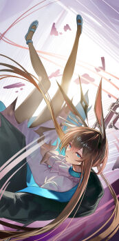 1girl absurdres amiya_(arknights) animal_ears aoi_wakashi_chiyo arknights ascot black_jacket blue_eyes brown_hair hair_between_eyes highres infection_monitor_(arknights) jacket long_hair open_clothes open_jacket purple_ascot rabbit_ears rabbit_girl shirt solo white_shirt