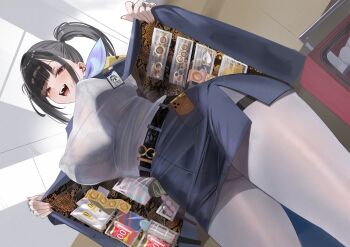 1girl absurdres belt belt_buckle benz_(rita29) black_belt black_hair blue_jacket blue_skirt blush bra_visible_through_clothes breasts buckle butt_plug cellphone condom condom_box condom_wrapper earrings from_below goddess_of_victory:_nikke highres huge_breasts jacket jewelry long_hair looking_at_viewer looking_down miniskirt open_clothes open_jacket open_mouth opened_by_self panties panties_under_pantyhose pantyhose pantyshot phone red_eyes revision see-through_clothes see-through_shirt sex_toy shirt shirt_tucked_in skirt smartphone smile snake snake_earrings solo sora_(nikke) teeth thighs twintails underwear white_pantyhose white_shirt