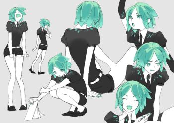 1other annoyed aqua_eyes aqua_hair black_necktie colored_skin crystal_hair elbow_gloves gem_uniform_(houseki_no_kuni) gloves grey_background houseki_no_kuni loafers michi_naka multiple_views necktie other_focus phosphophyllite puffy_short_sleeves puffy_sleeves shoes short_hair short_sleeves shorts simple_background sketch smile white_skin