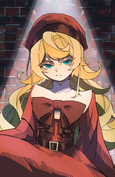 1girl belt beret blonde_hair blue_eyes bow brick_wall brown_belt brown_bow chest_bow child closed_mouth commentary_request cowboy_shot dress empty_eyes hat highres large_bow long_hair long_sleeves looking_ahead mandarin_collar red_dress red_hat sidelocks solo stage_lights standing tanya_degurechaff user_skzr7735 wavy_hair wide_sleeves youjo_senki